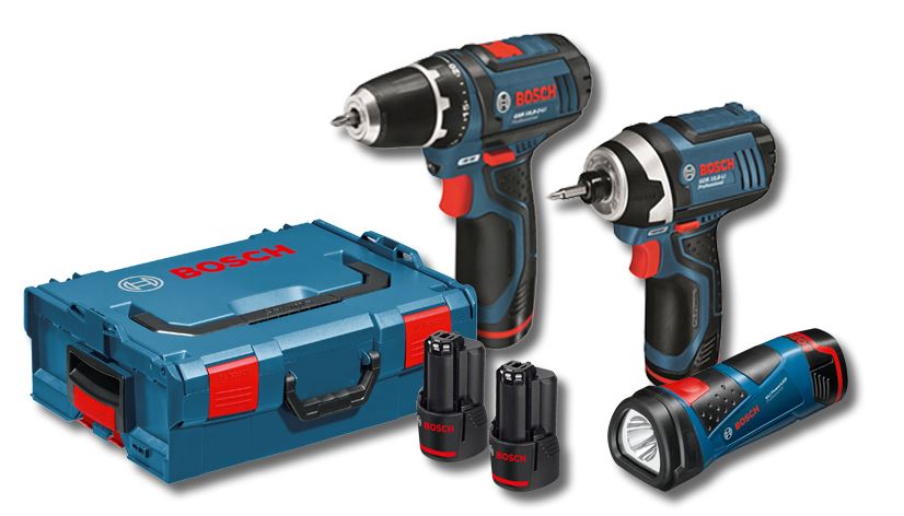 סט מברגת אימפקט 10.8V + מברגת פוטר + פנס + 2 סוללות 2Ah ליתיום + מטען מהיר במזוודה בוש