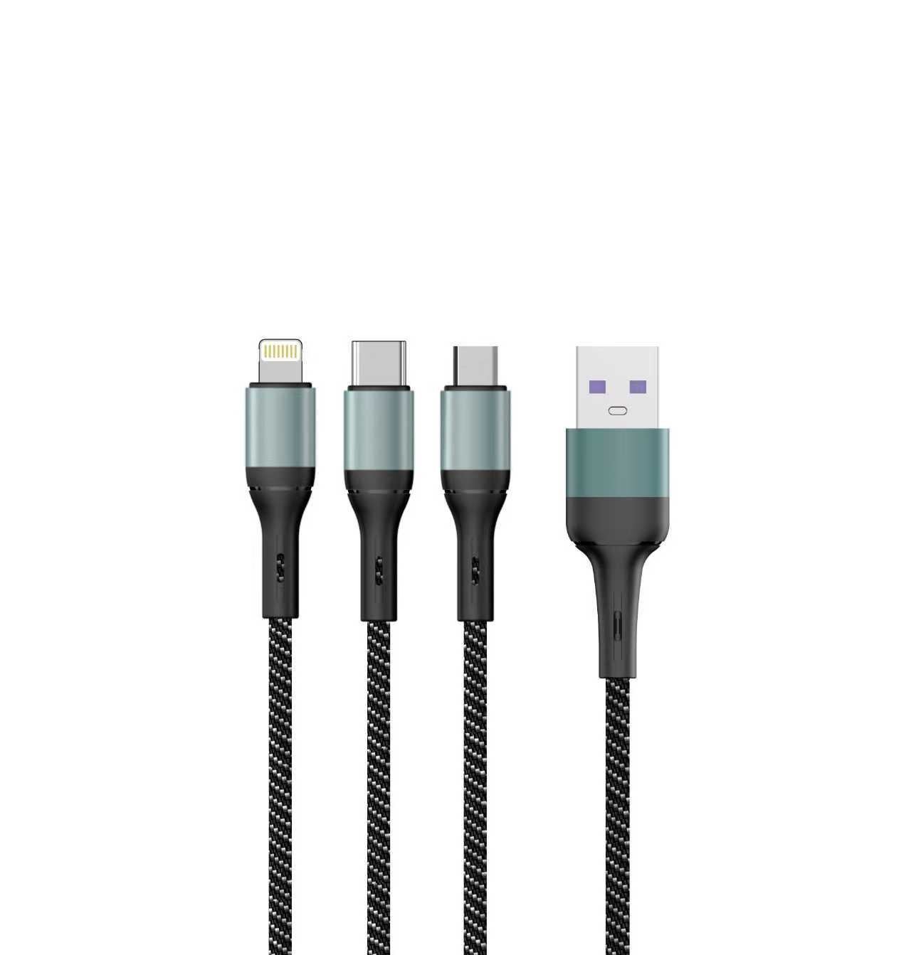 כבל טעינה 3 ב- 1 שחור 60W TYPE C/IPHONE/MICRO